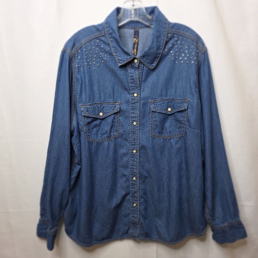 Seven for All Mankind Womens Denim Shirt Embellished Long Slv Snap Front 22/24